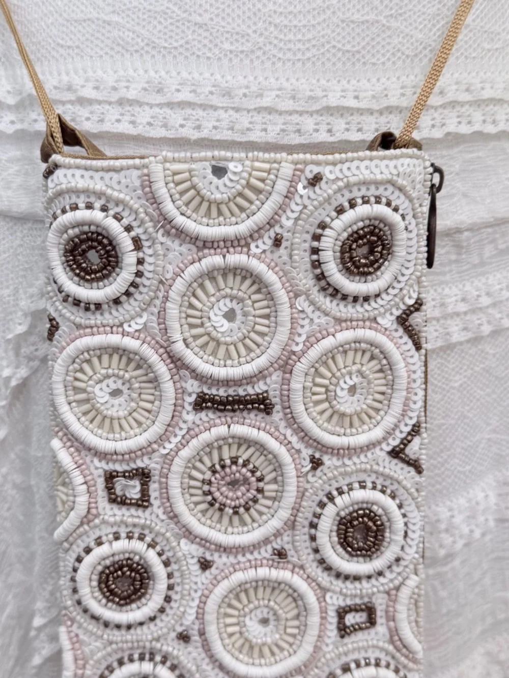 The Club Bag from Bamboo Trading Co. Beaded. White & Gold for Phone and Wallet